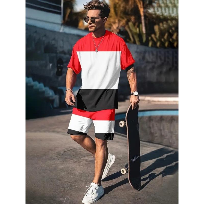 Men's Fashion Suit Harajuku Style Short-sleeved T-shirt + Shorts Two-piece Set Men's Trendy Sportswear Plus Size Casual Menswear