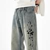 Printed jeans men's new American high street retro washed nostalgic loose straight trousers street trendy trousers