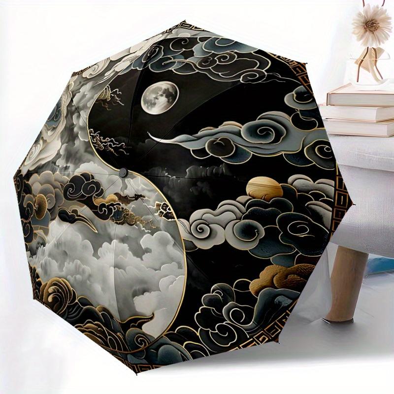 1 Stück Yin Yang Wolken Automatischer Faltregenschirm, Stabiles 8-Rippen-Dach, Tragbarer Reise-Regenschirm für den Außenbereich