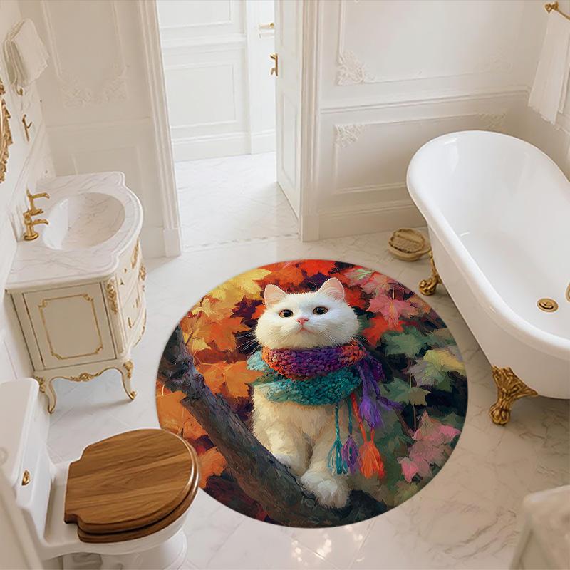 Cat with Leaf Scarf,Round Area Rug,Carpet Rug for Living Room Bedroom Sofa Playroom Decor,Non-slip Floor Mat