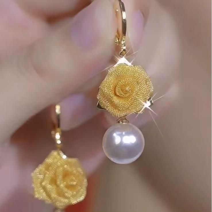 Серьги-подвески из желтого медного сплава в виде цветка розы с жемчугом, 3D-дизайн, Серьги с изысканным вырезом в виде цветка золотой