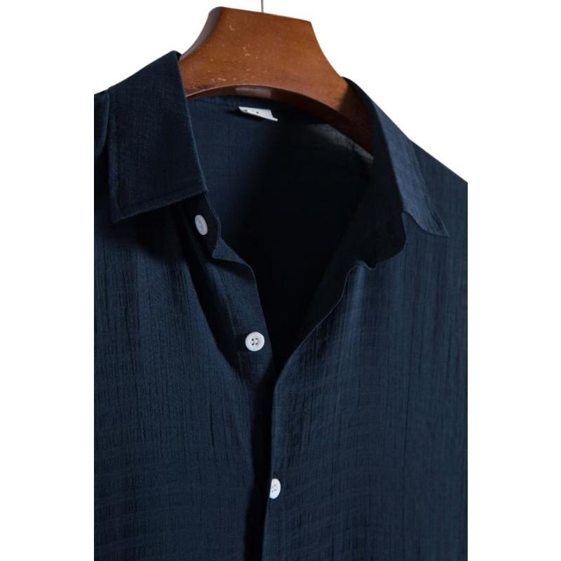 Men Fashion Casual Solid Color Stand Collar Short Sleeve Shirt