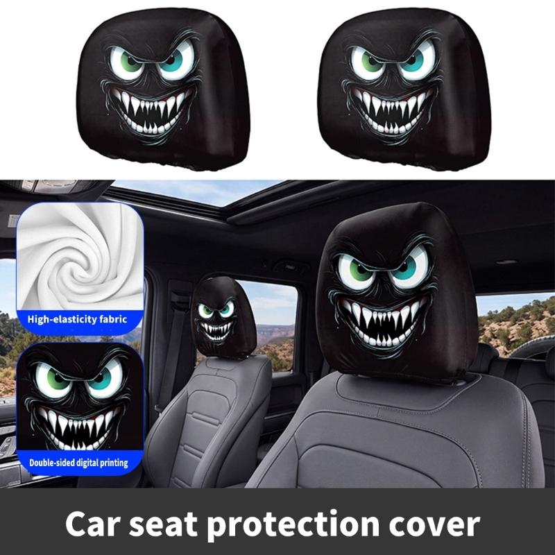 Stretch Car Headrest Cover Set 2 Pack, Visual Cabin Covers for Dust Care and Horror Theme Vehicle Decoration Update