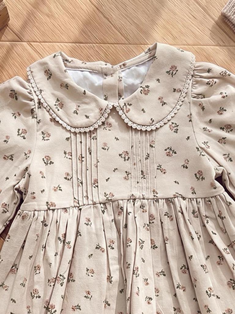 French Floral Doll Collar Long Sleeve Dress: Autumn 2026 Lace-Pleated Princess Style for Girls
