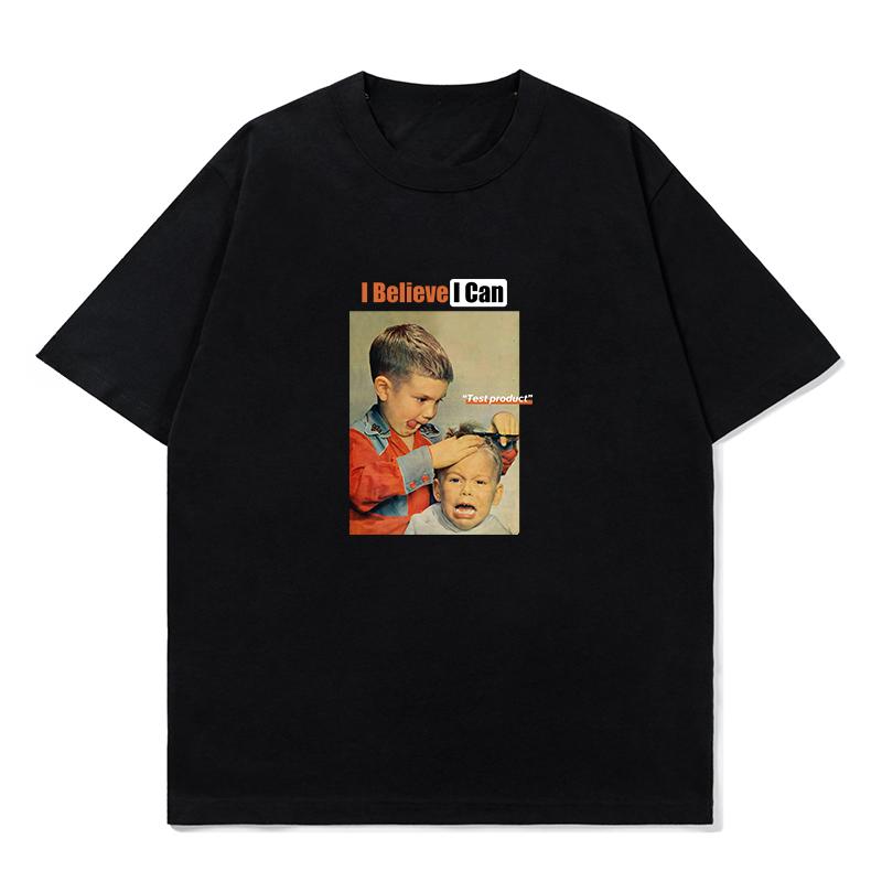 Fake Smile Boy Cut Haare Illustration T-Shirt Sommer und Amerikanischer Retro Ins Mode Locker Kurzarm T-Shirt Friseur