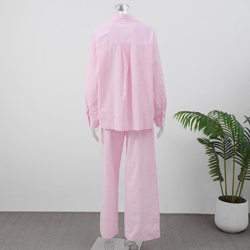 Bavlněná lněná dámská kalhotová souprava ležérní volná jednobarevná knoflíková košile kalhoty outfit léto dámský denní šik volné kalhoty oblek nový