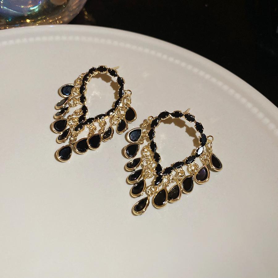 18K real gold electroplated zircon water drop fringed stud earrings retro versatile earrings temperament earrings