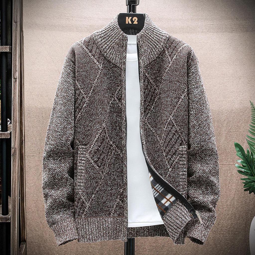 Men's Cardigan Sweaters Knitted Full Zip Collared Regular Fit Jacket Casual Color Block Baggy Winter Warm Coat