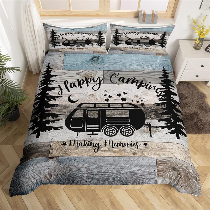 Happy Camping Dekbedovertrek Queen Cartoon Caravan Camping Beddengoedset Boerderij Stijl 3D Camper Dekbedovertrek Met Kussenslopen