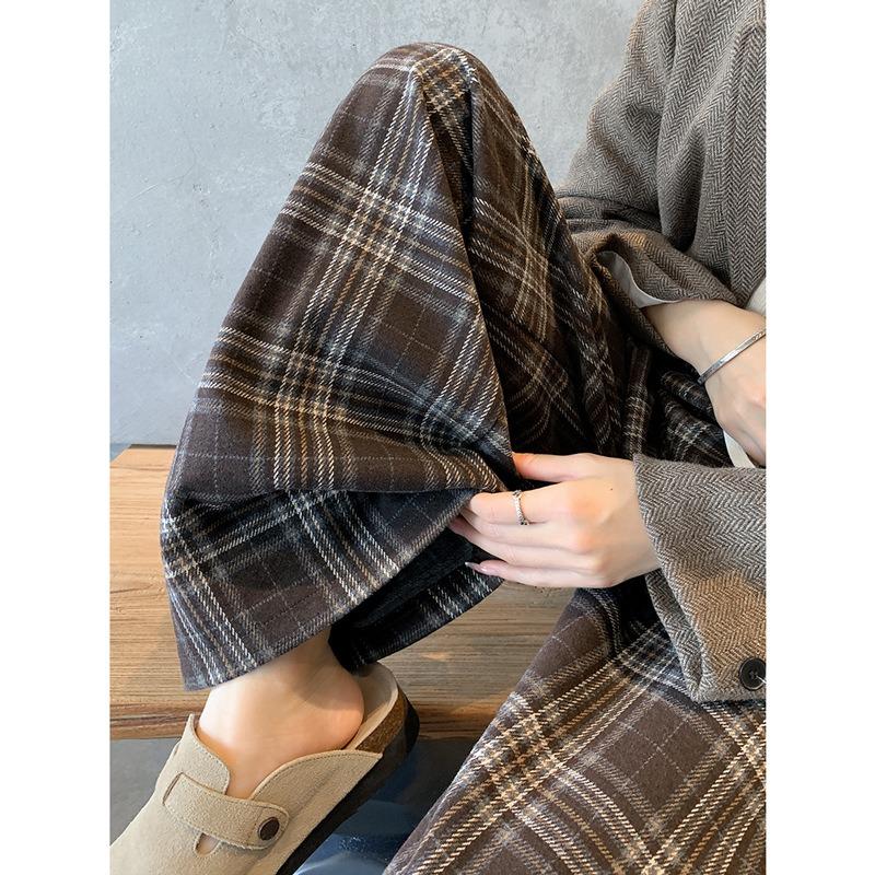 Coffee plaid woolen wide-leg pants women's new autumn clothing lazy and relaxed high waist thin straight-leg pants