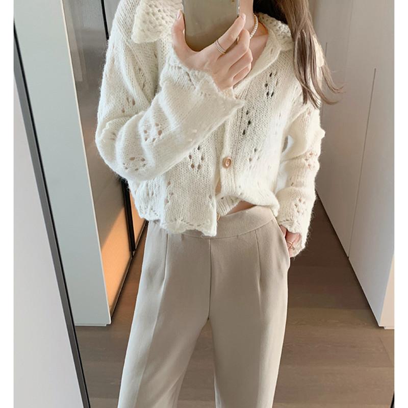 Fashion Elegant Sweet Knitted Cardigan Short Sweater Women Autumn Long Sleeve Loose Doll Collar Top Casual Korean Hollow Simple Knitwear Coat