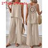 Bohemian Style Sleeveless Top And Wide Leg Pants Set With Polyester Fabric For Casual Summer Wear