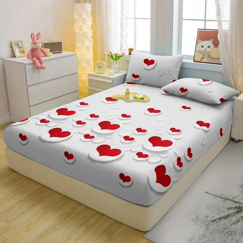 Simple 1 Modern Heart-Shaped Printed Matte Fitted Sheet, Bedroom Printed Bed Cover, Bedding Excluding Pillowcases