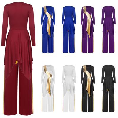 Lyrische Danskostuum voor Dames - Metaalkleurig Asymmetrische Jurk met Wijde Pijpen Broek, Lange Mouwen Kerkdienst Outfit