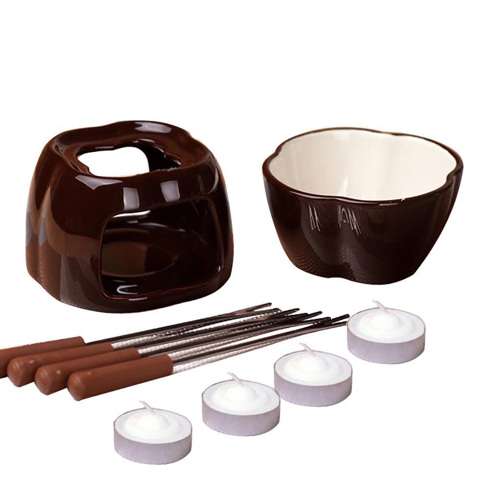 Chocolate Fondue Set Ceramic Pot with 4 Forks & Candles