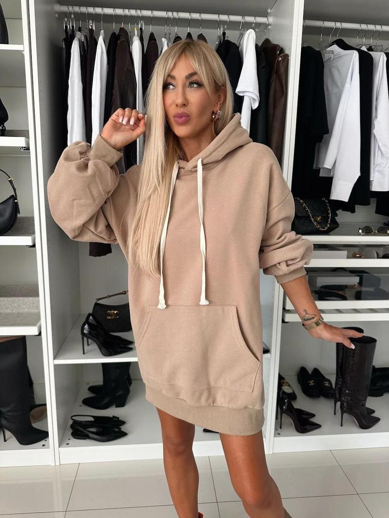 2024 Autumn/Winter Women's Long Sleeve Solid Color Hooded Loose Sweatshirt