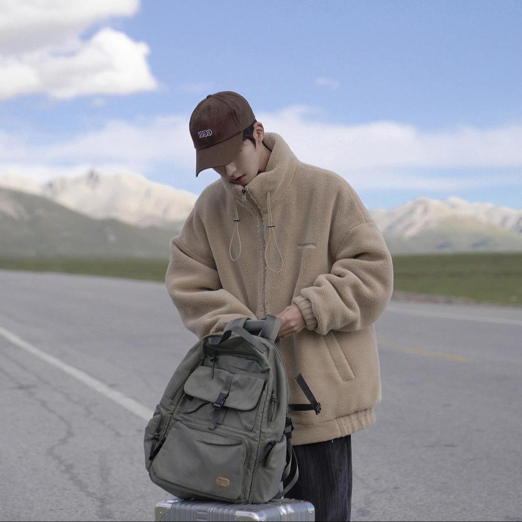 Men's Thickened Cotton-Padded Fleece Jacket, Stand Collar, Loose Fit, Warm Outerwear for Fall/Winter Students.