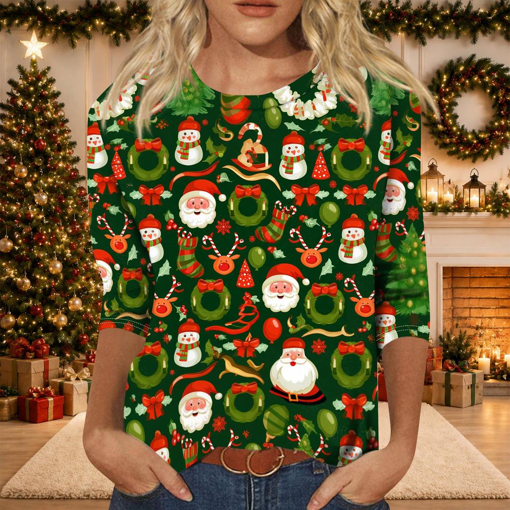 Women's Casual Christmas Print Three-Quarter Sleeve Neck Top