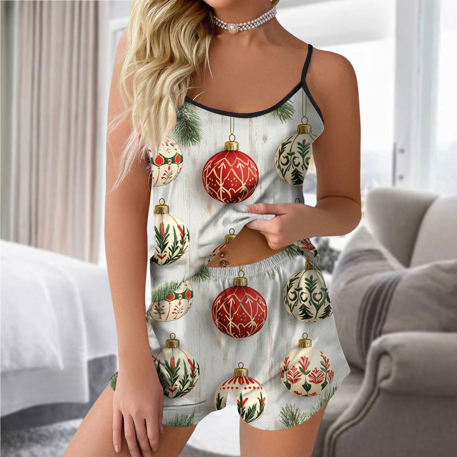 

Женский модный рождественский комплект с принтом без рукавов, топ, шорты и пижама S зелёный