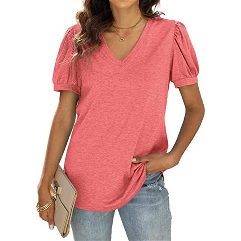 

2022 Women s Casual V-Neck Puff Sleeve Solid Color Loose T-Shirt Medium рожевий