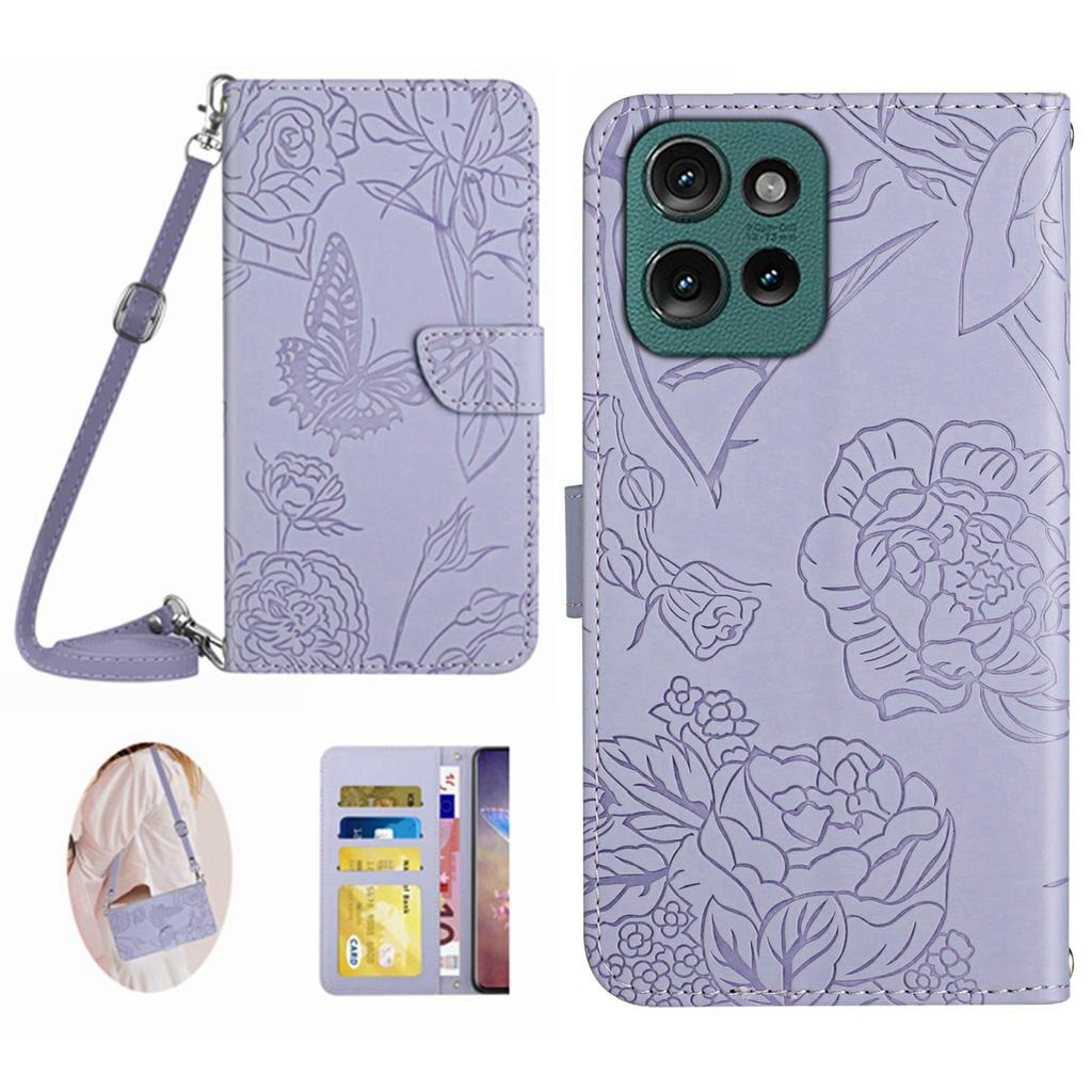 Für Motorola Moto G 5G (2025) Hülle Schmetterling Blumenprägung Leder Handyhülle mit Schultergurt