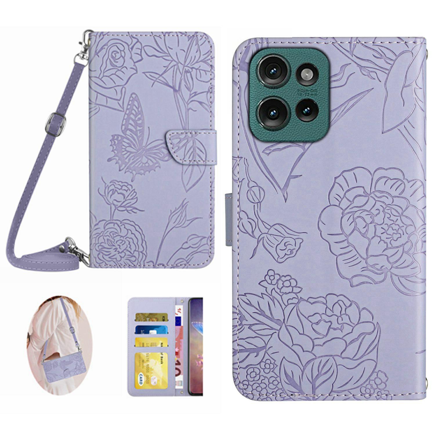 

Для Motorola Мото G 5G (2025) Чехол Кожаный чехол для телефона с тиснением «Бабочка и цветок» с плечевым ремнем Purple