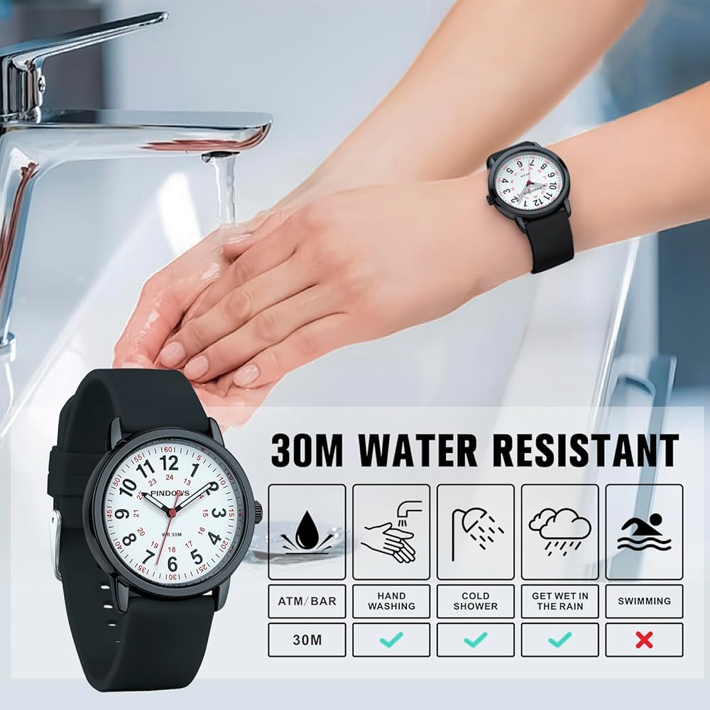PINDOWS Women's Analog Quartz Watch Unisex Military Time Display 30m Water Resistant Luminous Dial