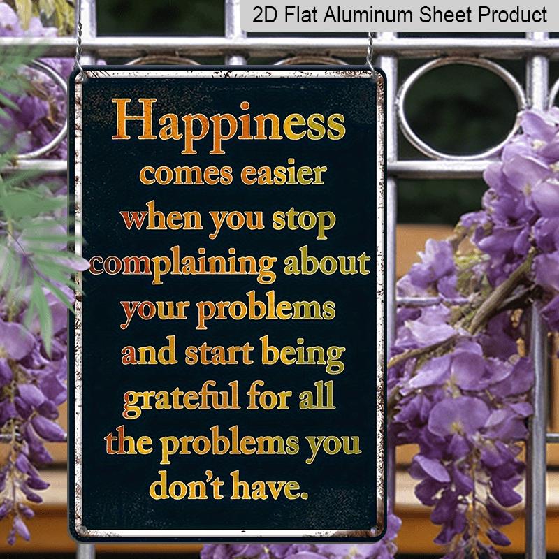 2D Flat, Vintage "Happiness Comes Easier" Metal Wall Art Sign - Retro Aluminium Decor with Inspirational Quote, Ideal for Home, Office, Bar, Garage