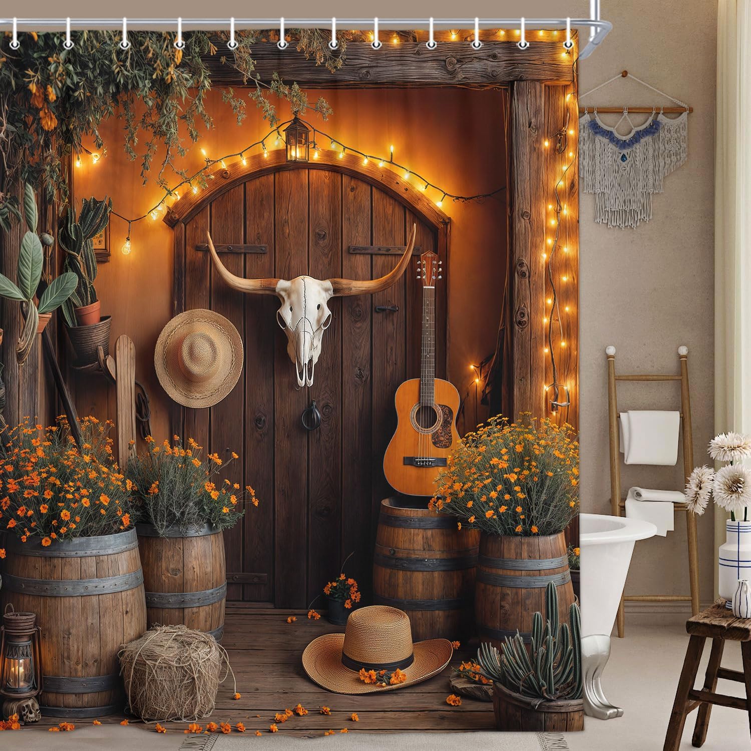 

Western Cowboy Shower Curtain Farmhouse Southwest Texas Rustic Farmhouse Barn Door Bath Curtain Retro Country Southwestern W60H190(CM)-1 Pcs