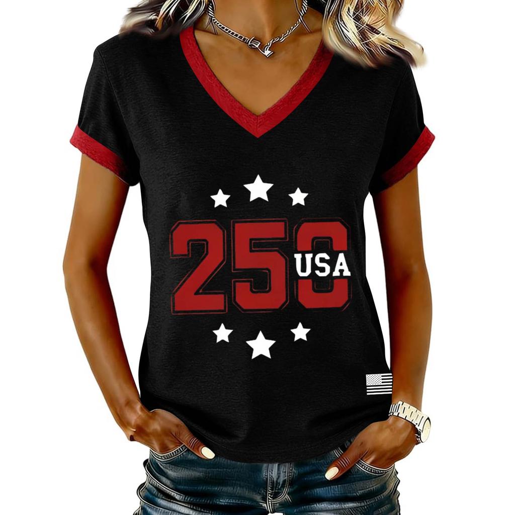 Women's Casual V Neck Short Sleeve Pullover Printed T-Shirt Top