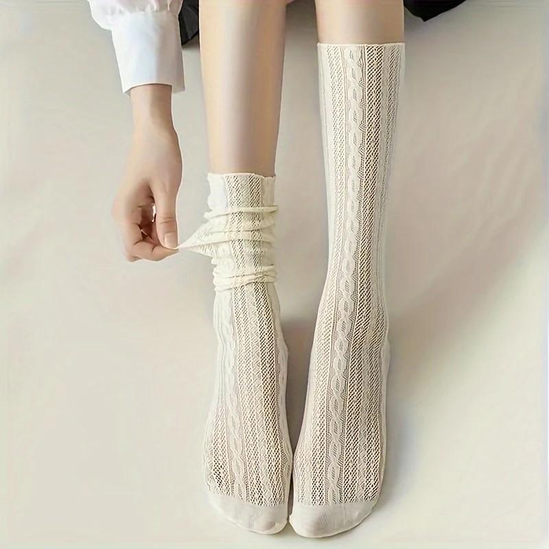 1/3 Pairs Women Knee Length Flower Bud Stockings Fashionable Hollow Out Design Summer Breathable Comfortable Casual Long Socks