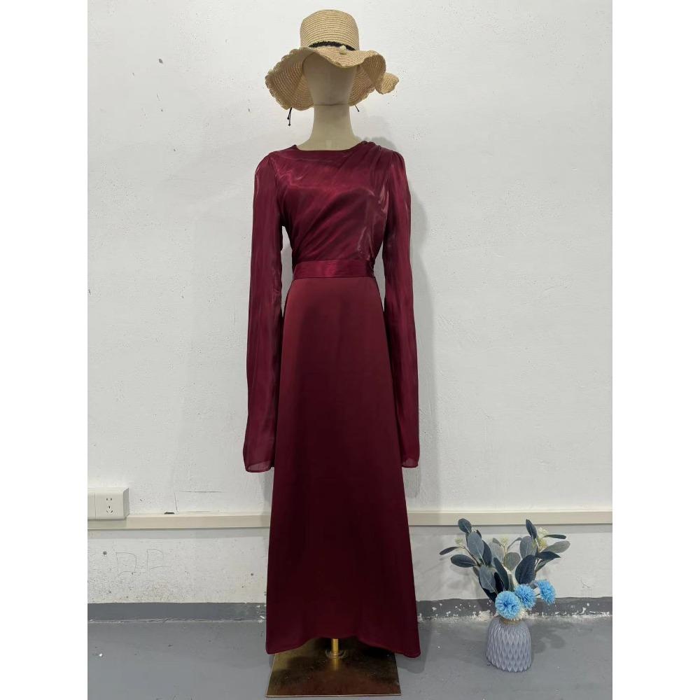 Fashion Satin Solid Robe Dress Ladies Temperament O-neck Slim Evening Dress Elegant Batwing Sleeves High Waist Pleats Long Dress