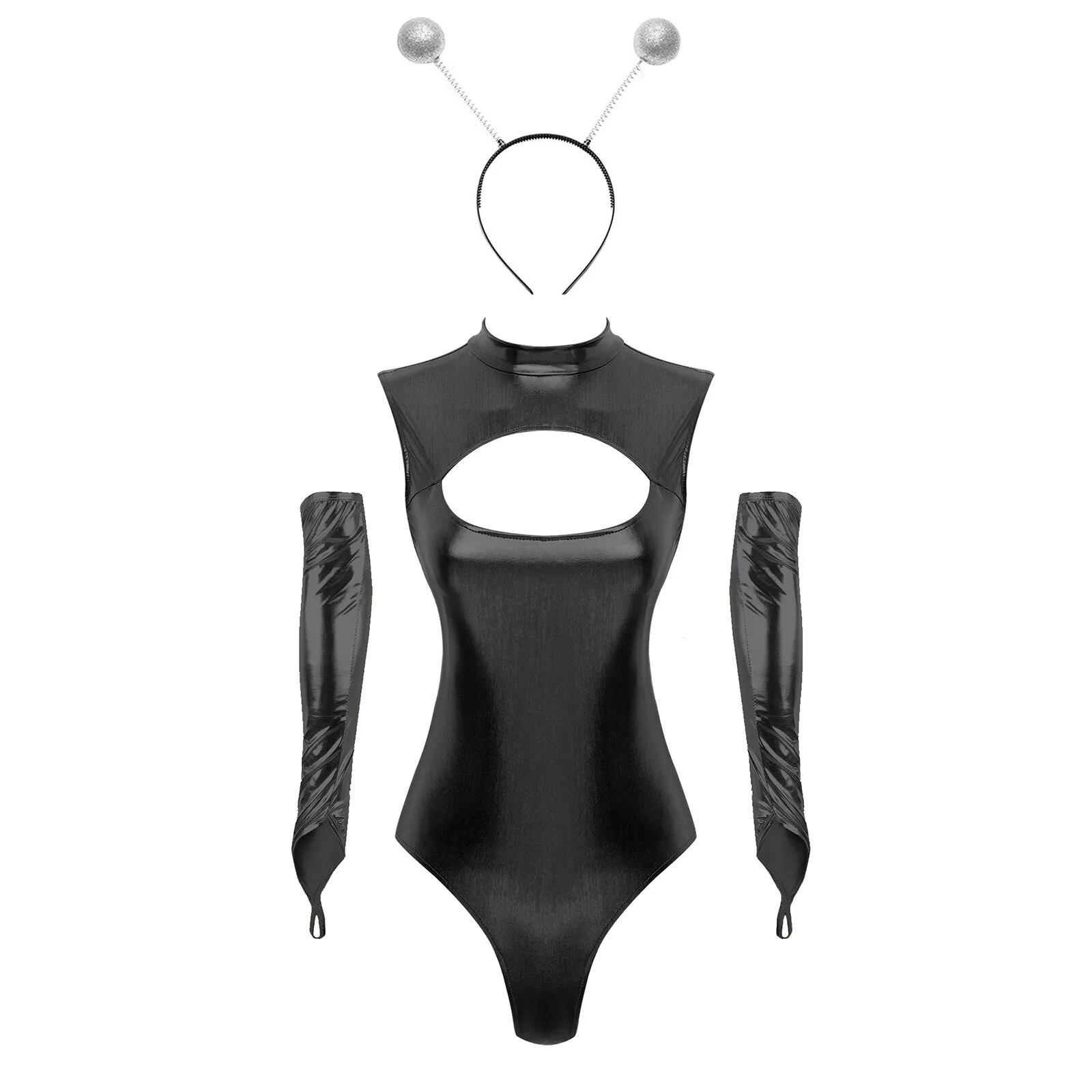 

Жіночий інопланетянин, косплей-костюм, блискучий металевий боді без рукавів з імітацією шиї, вирізом на блискавці, з рукавами та обручем для волосся S
