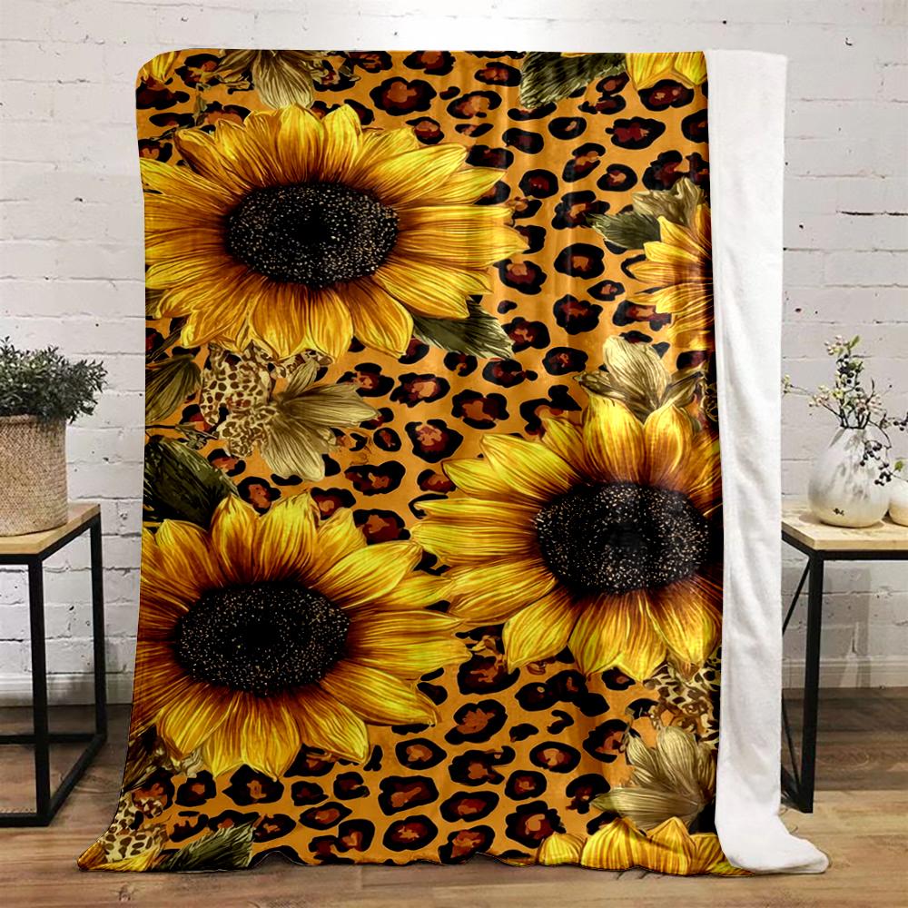 Sunflowers and Leopard Print Pattern Warm Quilt– Flannel Blanket for Bedroom, Living Room, Sofa, and Nap.