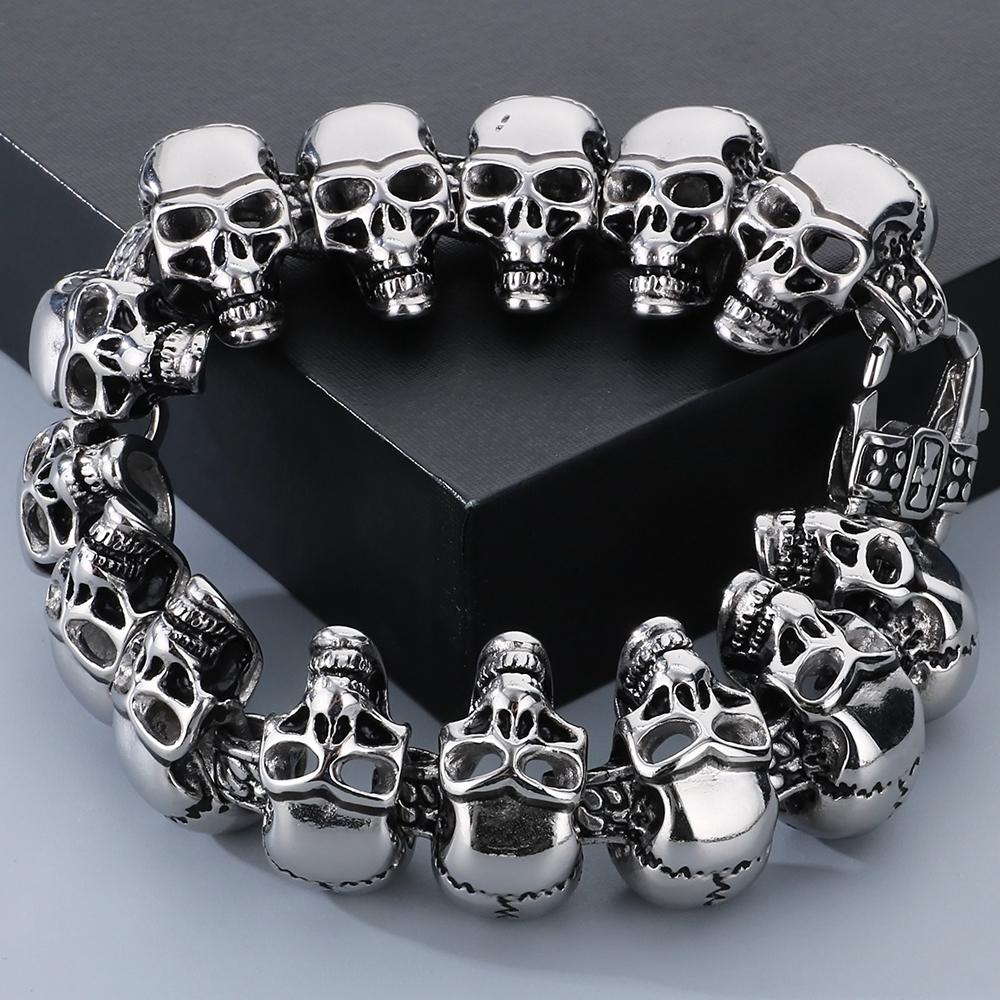 Cool Death's Head Bracelet for Men Vintage Black Old Silver Color Solid Stainless Steel Men's Bracelets Skull Chain Jewelry Male