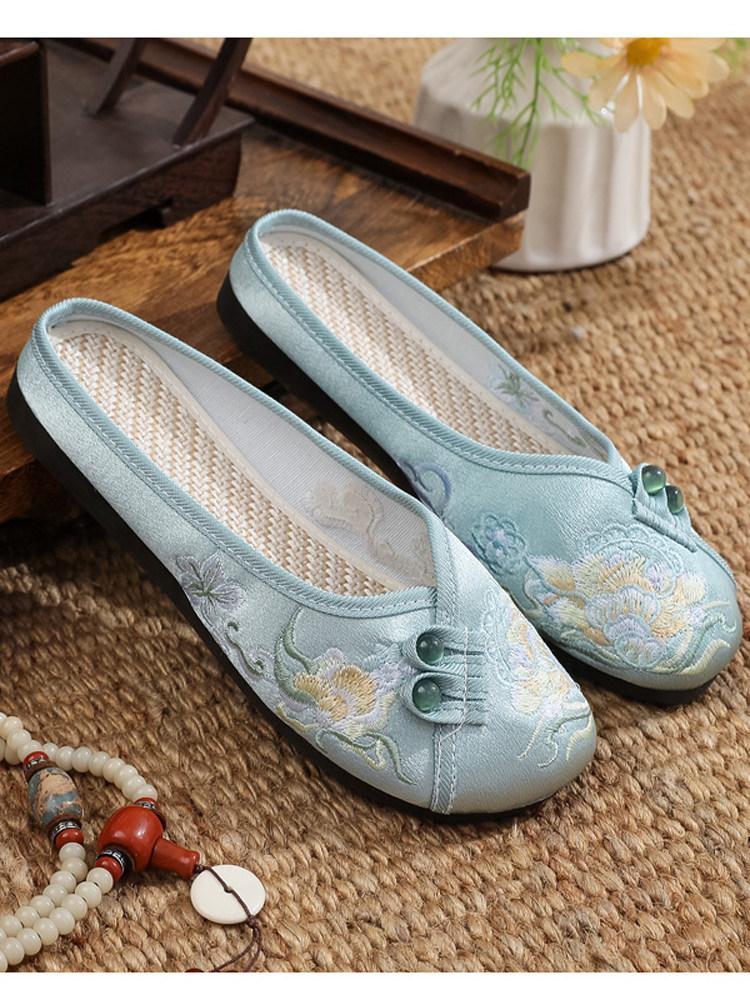 Fashion Shoes Ladies' Slippers Cover Toe Shallow Flat Rubber Floral Fabric Slides Embroider Retro Round Shoes Woman 2025 Shallow Cover T