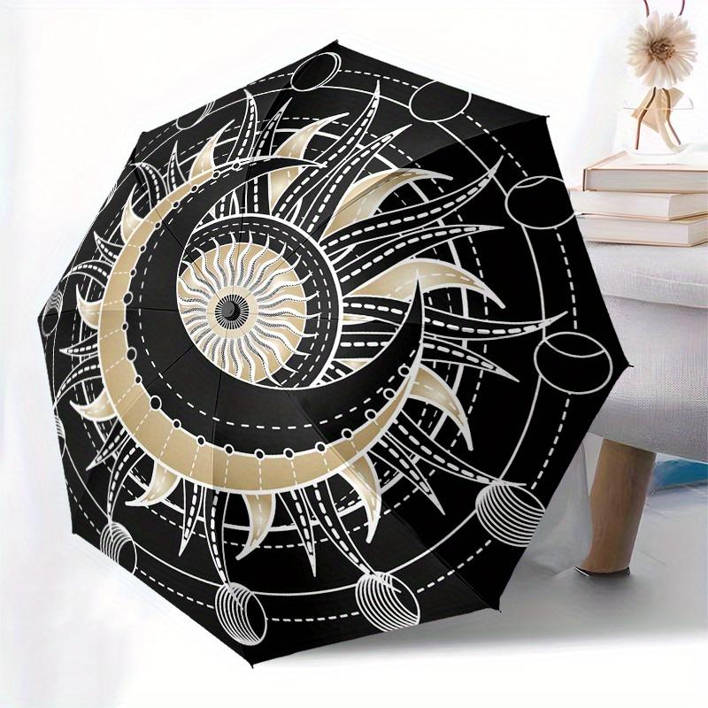Golden Celestial Wheel Mandala Umbrella - Automatic Open/Close, Compact Folding Umbrella with Elegant Black & Golden Celestial