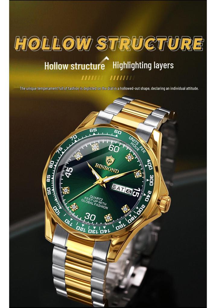 Binbang Men's Green Submariner Quartz Watch, Double Calendar, Steel Band, Business Waterproof.