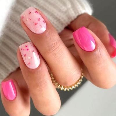 24pcs Short Nail Press Ons Square Shape Artificial Nail Acrylic Nail Summer False Nail with Flower Pattern for Ladies