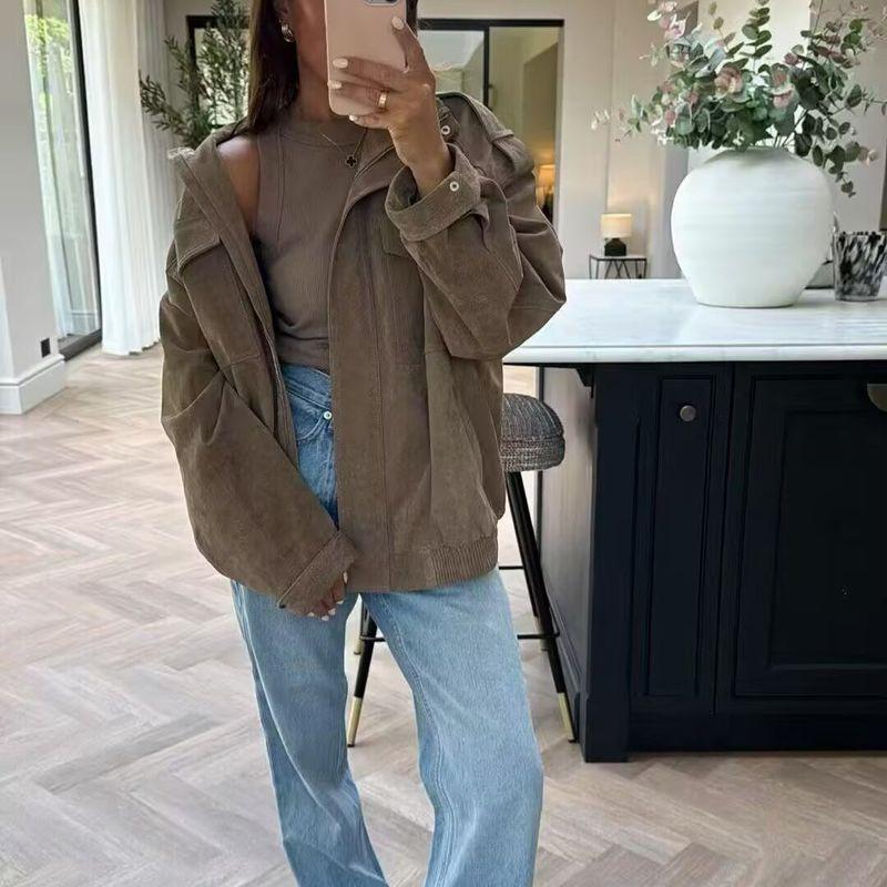 Za Autumn and Winter New Arrivals Women's Clothing Zr European and American Style Fashionable Pocket-Decorated Suede Texture Leather Jacket 4341770