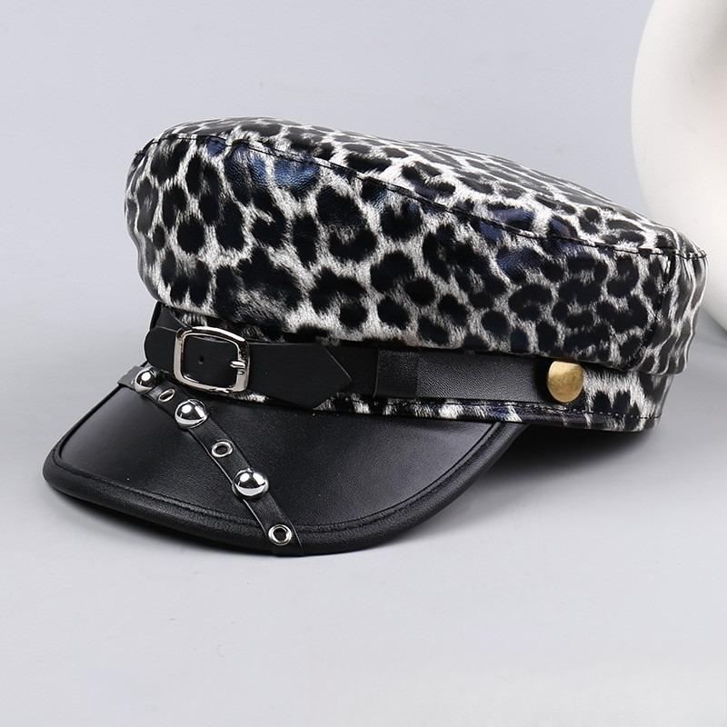 Punk Stil Flache Kappe Herren und Damen Persönlichkeit Leder Lange Nieten Leopardenmuster Silberne Kappe