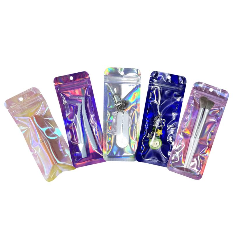 Holographic Zipper Bags Long Resealable Shine Pouches for Jewelry, Crafts, Snacks, Spoons Food Grade Packaging 100 PCS