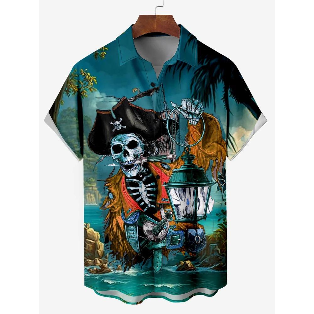 Men's Hawaiian Skeleton Pirate Captain Storm Sailing Cartoon Print Short Sleeve Shirt Summer Loose Beach For Boy