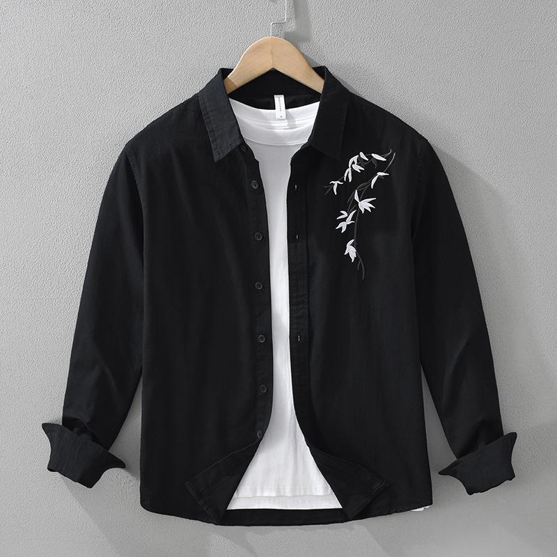 

Chinese Style Long Sleeve White Shirts for Men Spring and Summer New Fashion Embroidery Top Daily Pure Cotton Men s Casual Shirt XXXL чорний