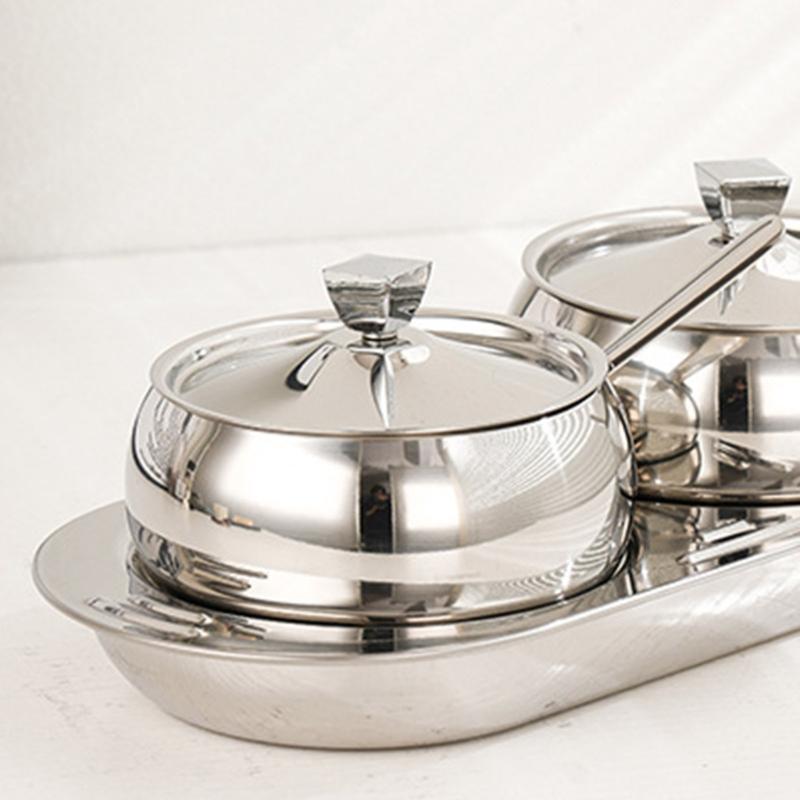 Durable 304 Stainless Steel Condiment Container Set With Lid And Spoons Spices Storage Solution For Home Use