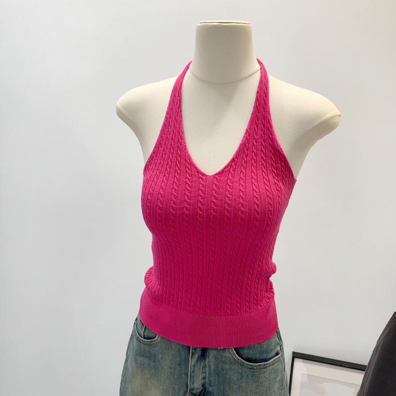 Pure Desire V-Neck Halter Knit Camisole - Slim Fit Open Back Summer Top for Women