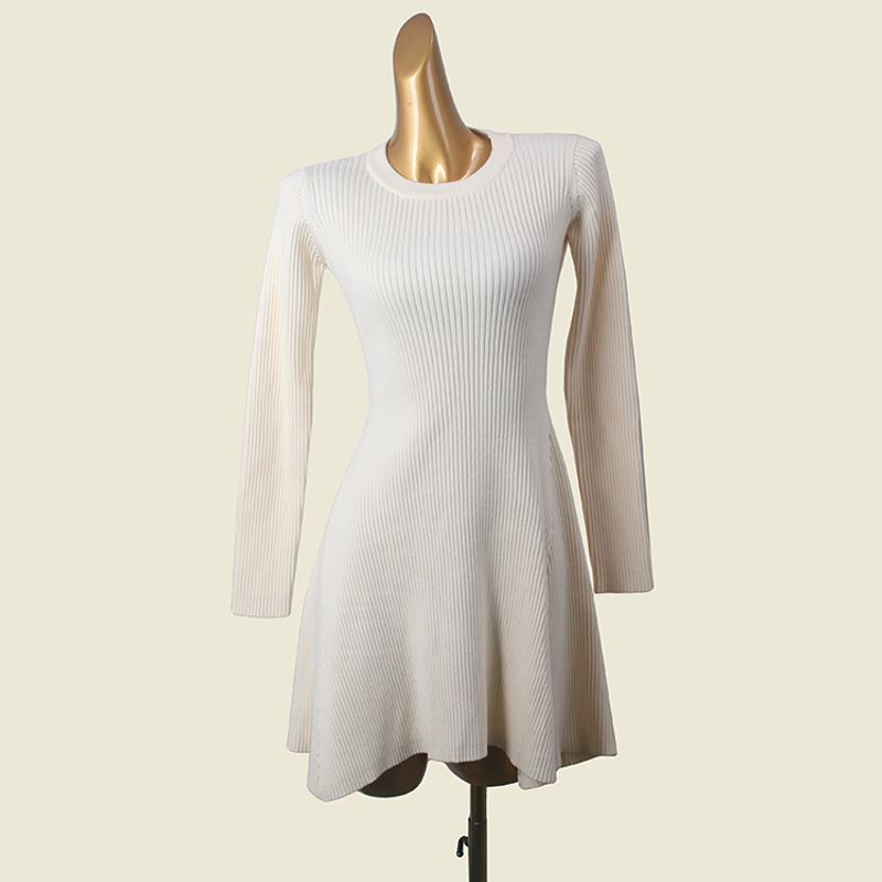 

2024 Fall and Winter New Arrival French Style Long Sleeve A- line Skirt Foreign Trade Original Order round Neck Knitted Fitted Waist Dress Flaw dirty S