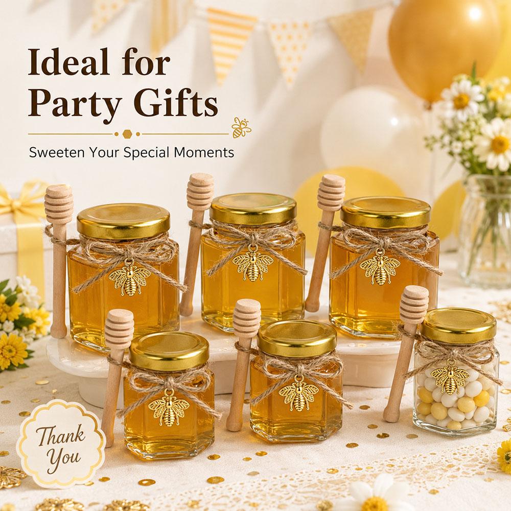 1.5/3 oz Hexagonal Mini Glass Honey Jar with Wooden Spoon, Bee Pendant and Jutes, Very Suitable for Party Gifts, Wedding Gifts