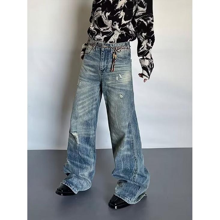 Autumn And Winter New American High Street Washed Light Colored Jeans For Men And Women Straight Leg Slightly Flared Loose Wide Leg Pants