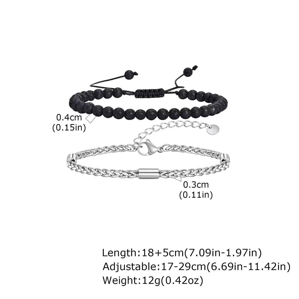 Vnox 2pcs/Set Adjustable Natural Stone Beads Bracelet for Men, Stainless Steel Chain Bracelets and Beads Bracelet Jewelry Set